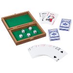 Playing card box with 5 dice and 2 decks of 54 cards.