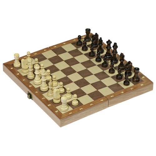 Jeu d'échecs dans une boîte en bois pliable